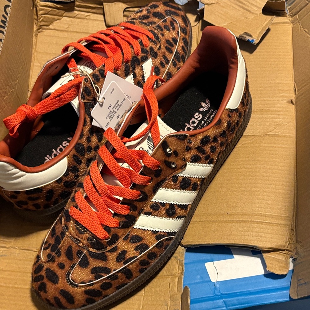 Adidas Women's Leopard Print Sneakers - Brown and White with Red Accents